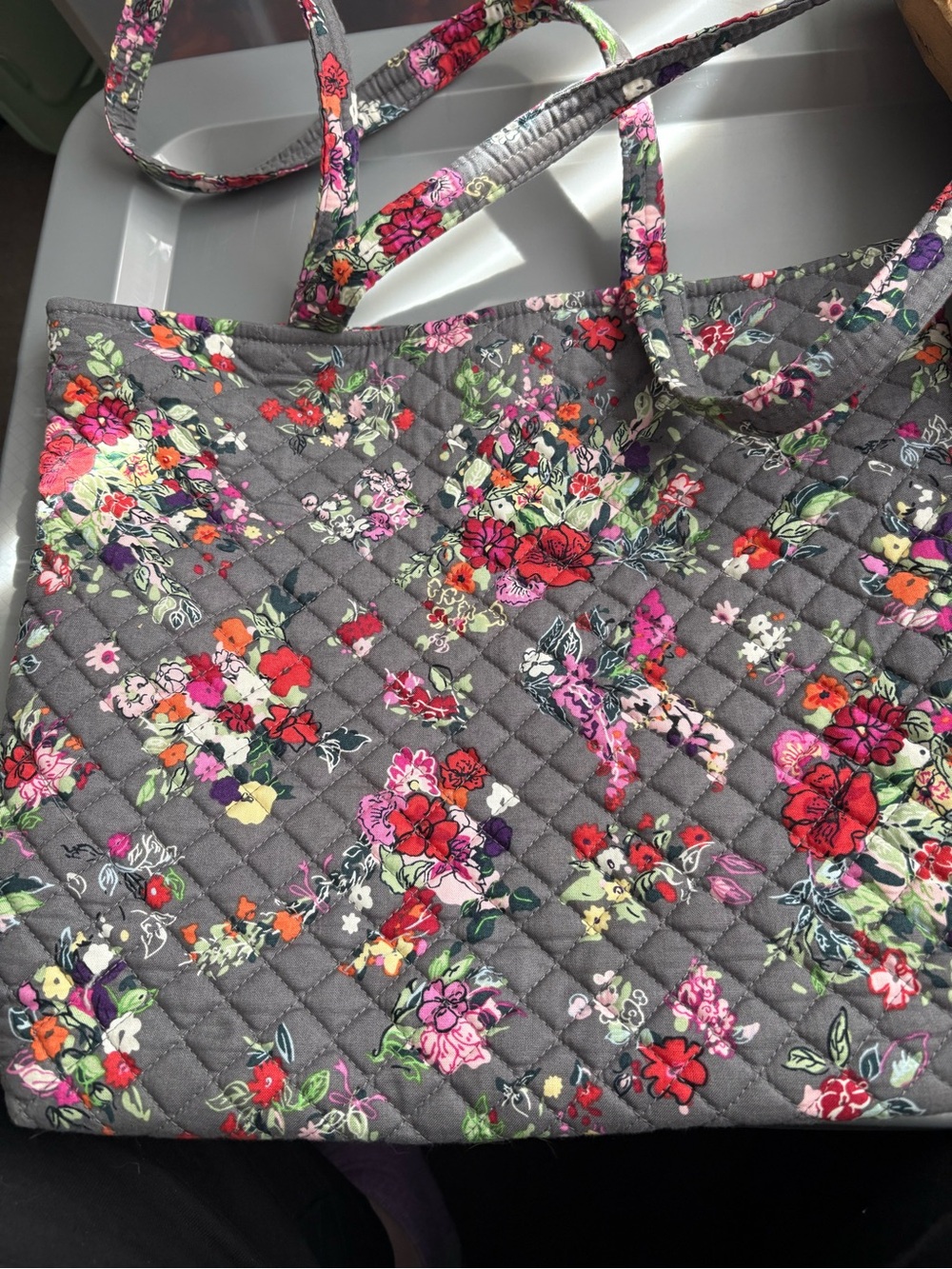 Vera Bradley Quilted Floral Tote in Gray with Multicolor Flowers